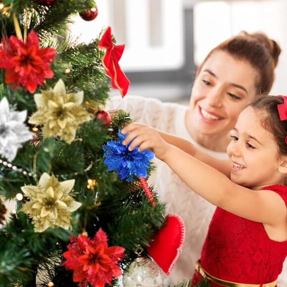 12 Gold Glitter Poinsettia Flowers - Artificial Christmas Ornaments - Picture 8 of 8